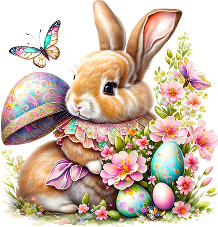 Colorful Easter-themed illustration with cute bunny, eggs, flowers, and butterfly