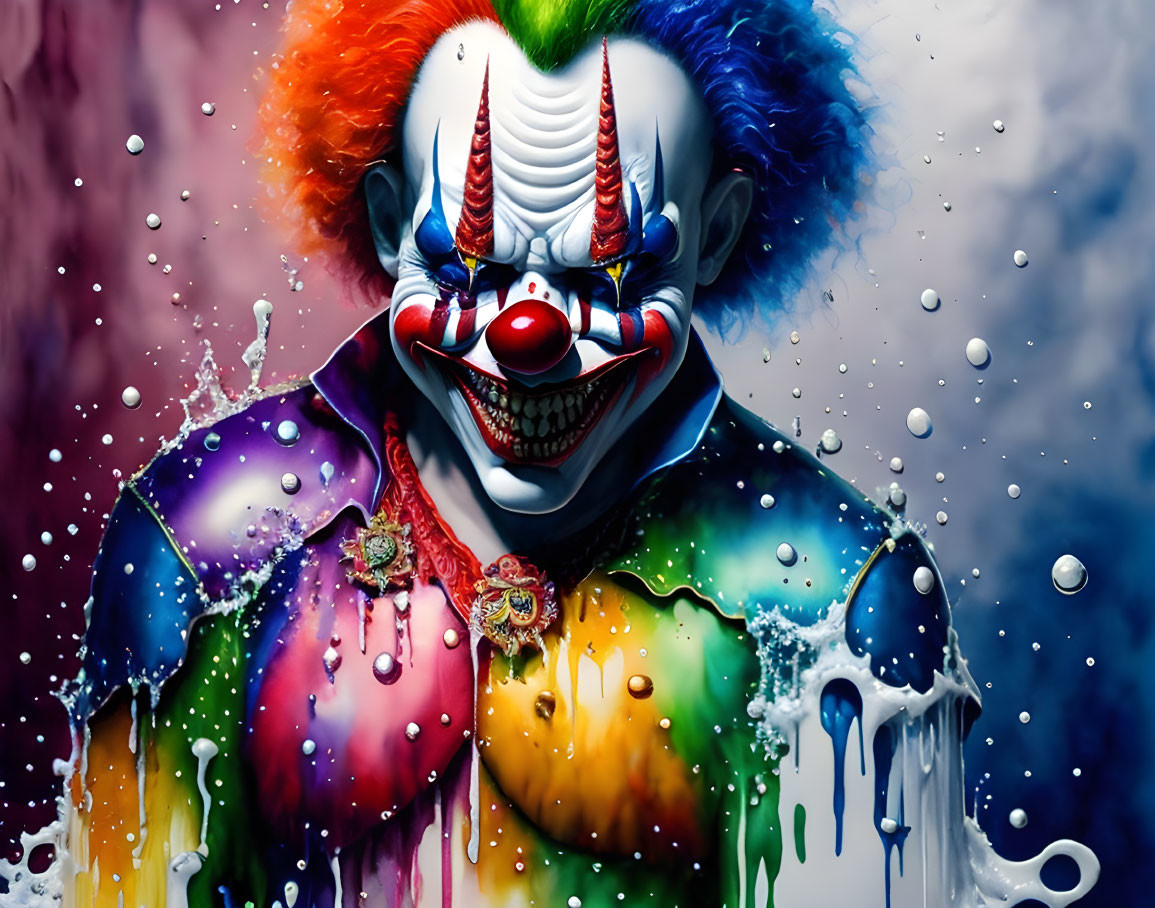 Menacing expression clown in vibrant costume against multicolored backdrop