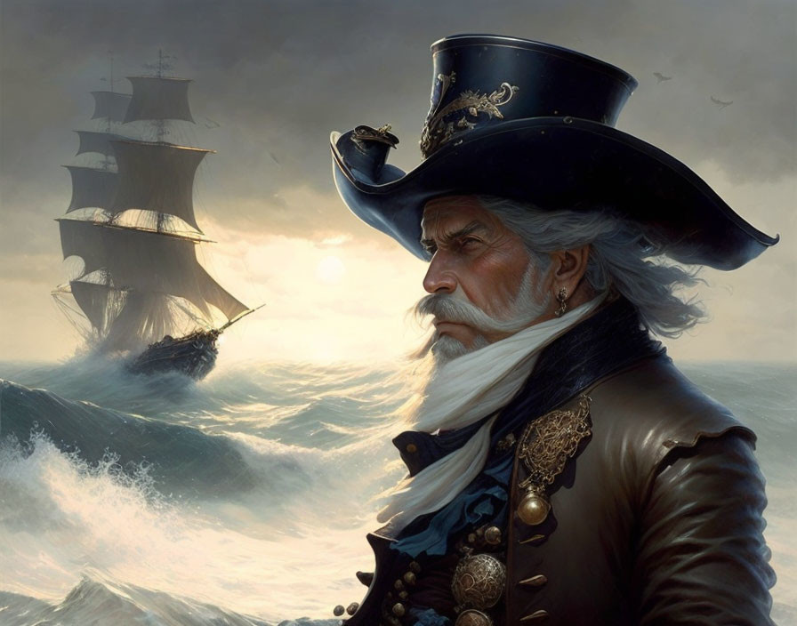 Illustration of stern pirate captain in tricorn hat by stormy sea