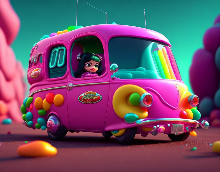 Colorful 3D illustration of whimsical vehicle in candy-themed environment