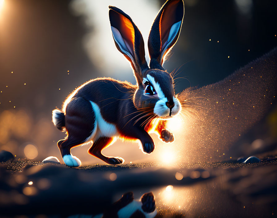 Stylized rabbit dashing in golden sunlight with sparkling dust