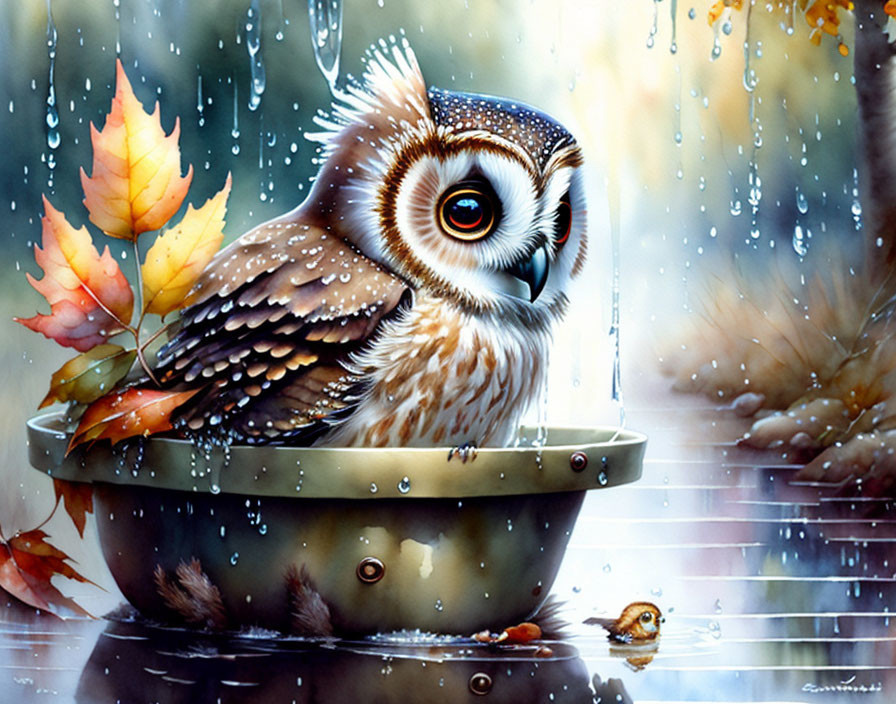 Owl in bowl under rain with autumn leaves and small bird