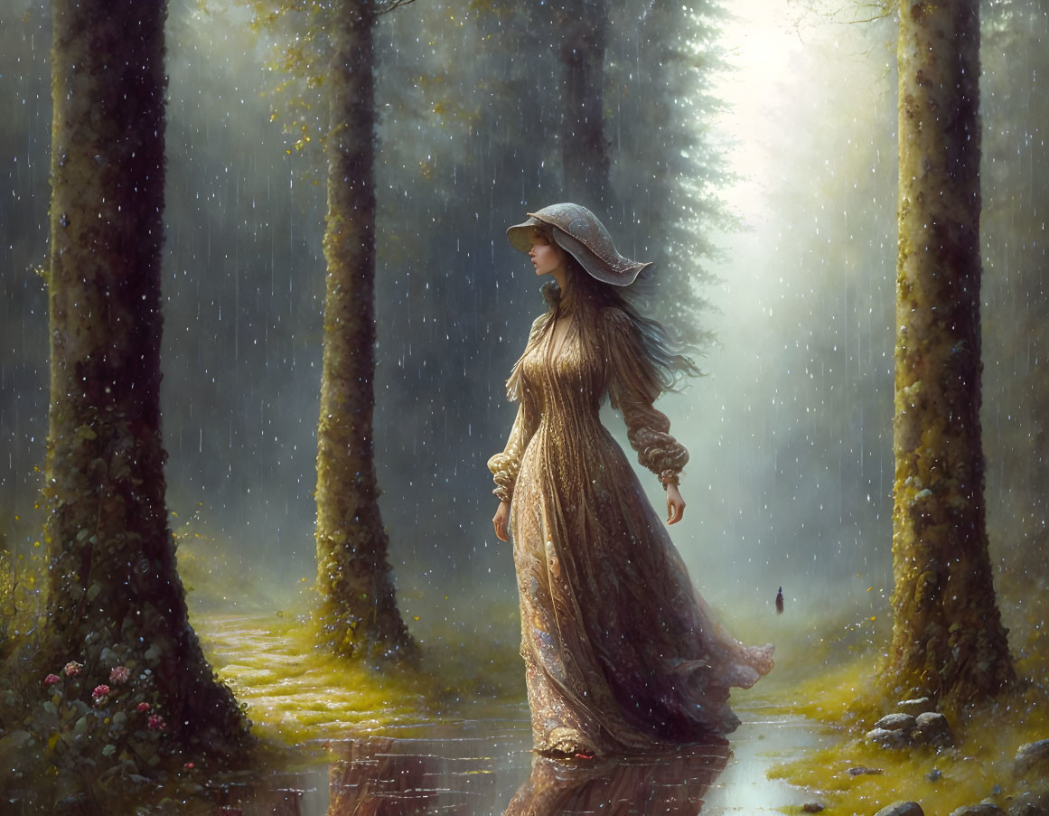 Woman in vintage dress and wide-brimmed hat walks in misty forest with gentle rain.