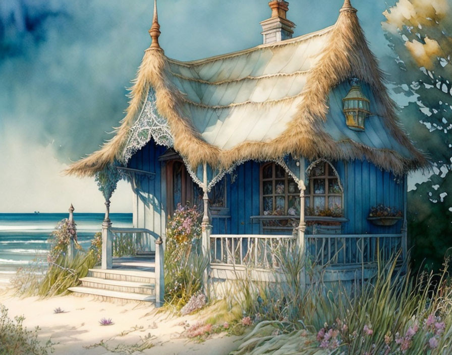 Blue Thatched Cottage Surrounded by Wildflowers and Sea