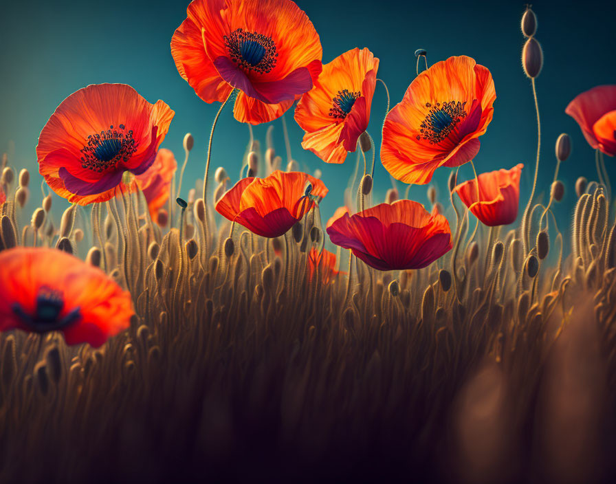 Vibrant red poppies and seed pods in golden wheat field under blue sky