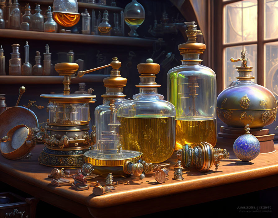 Detailed Still-Life Scene: Ornate Bottles, Flasks, and Antique Apparatus on Wooden