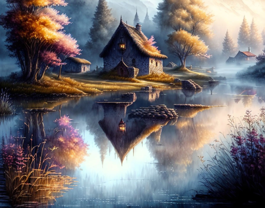 Tranquil autumnal lake scene with idyllic cottage at twilight