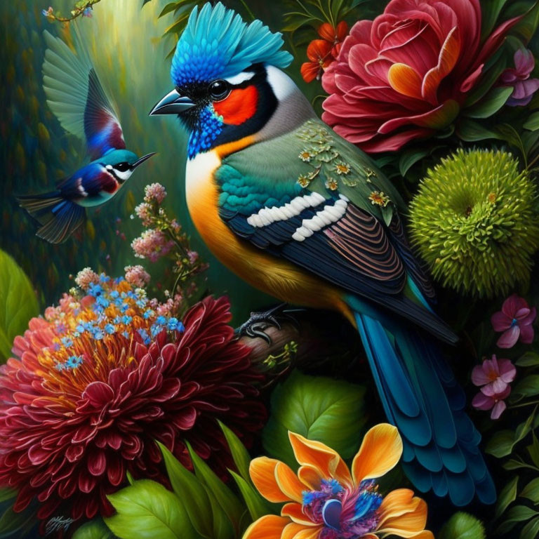 Colorful Bird Painting Surrounded by Flowers and Smaller Bird