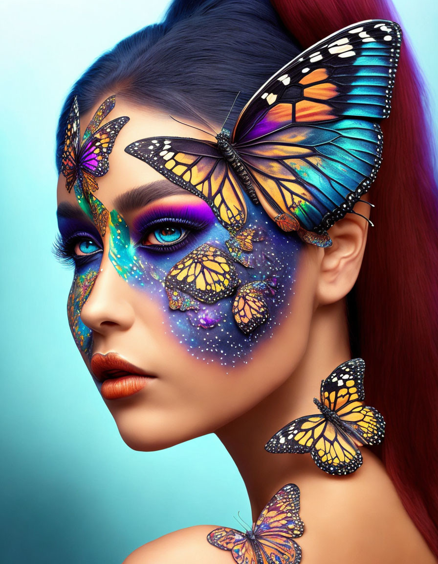 Woman with vibrant butterfly makeup and real butterflies on blue background