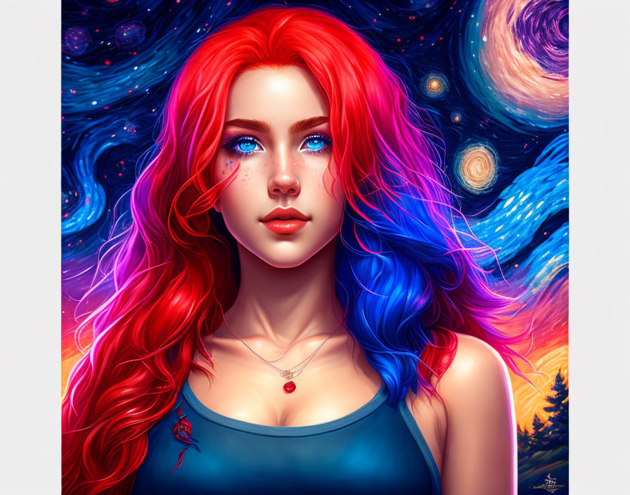 Digital Artwork: Woman with Red and Blue Hair in Cosmic Setting