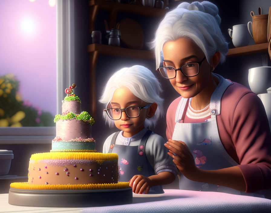 Elderly woman and child in aprons admire decorative cake in cozy kitchen