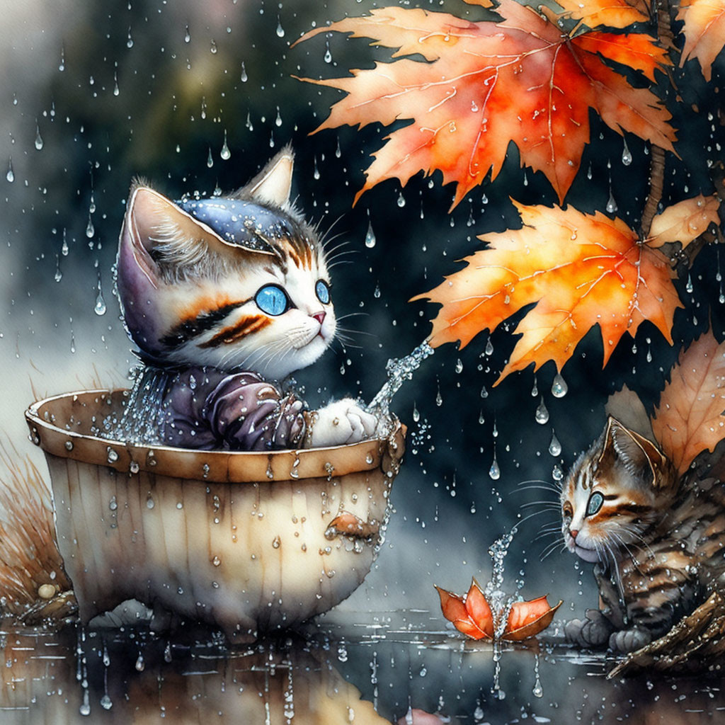 Illustration of two kittens in bucket and autumn leaves with rain splashes