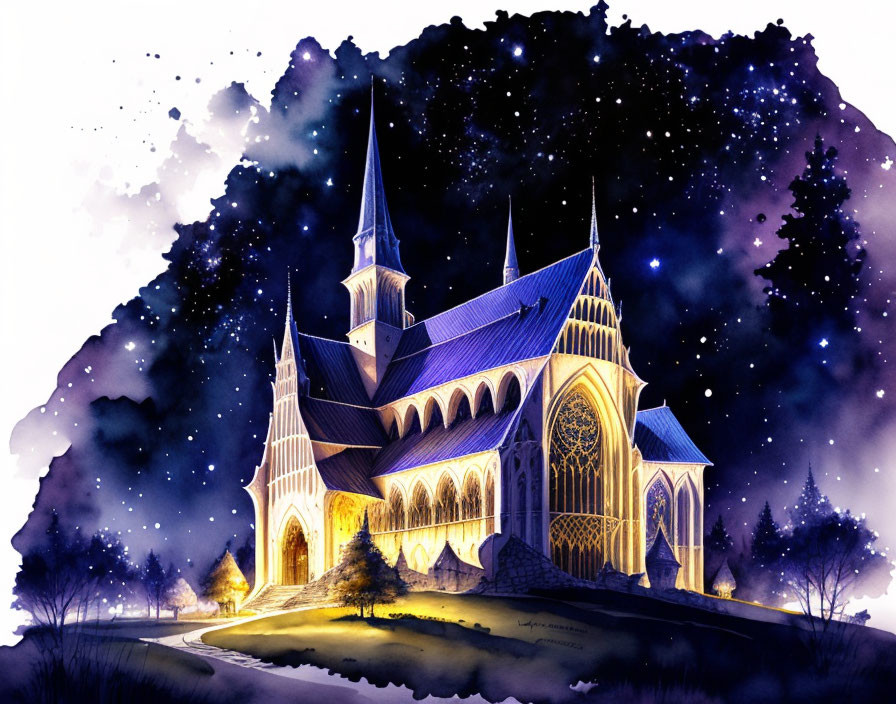 Illustrated gothic church under starry night sky.