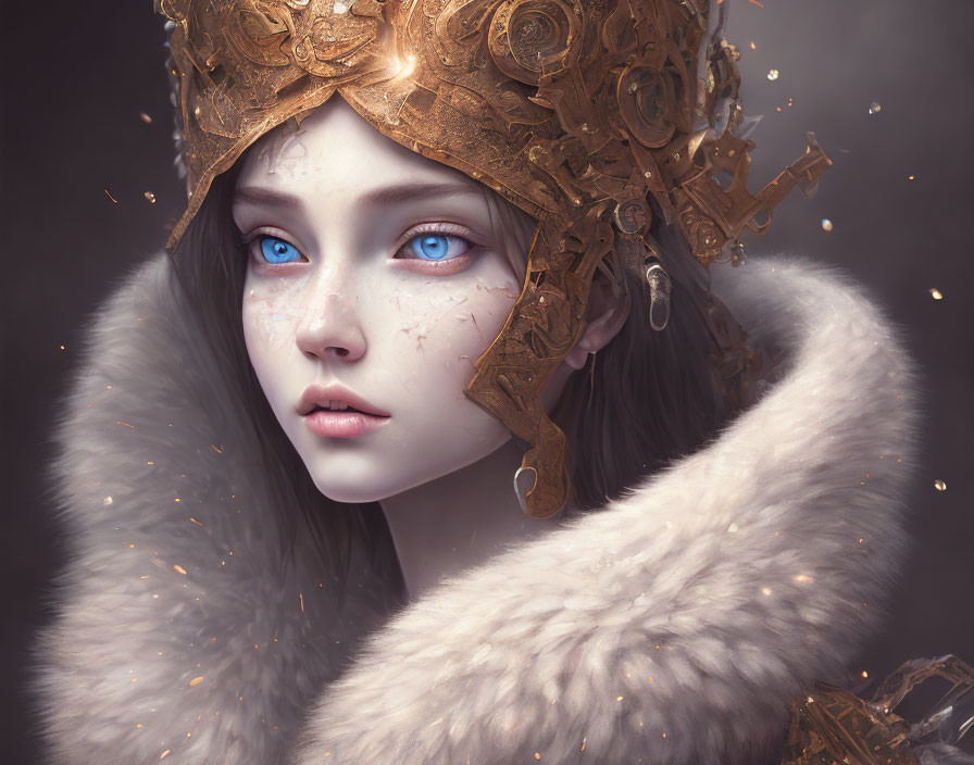 Digital Artwork: Person with Striking Blue Eyes and Golden Headpiece