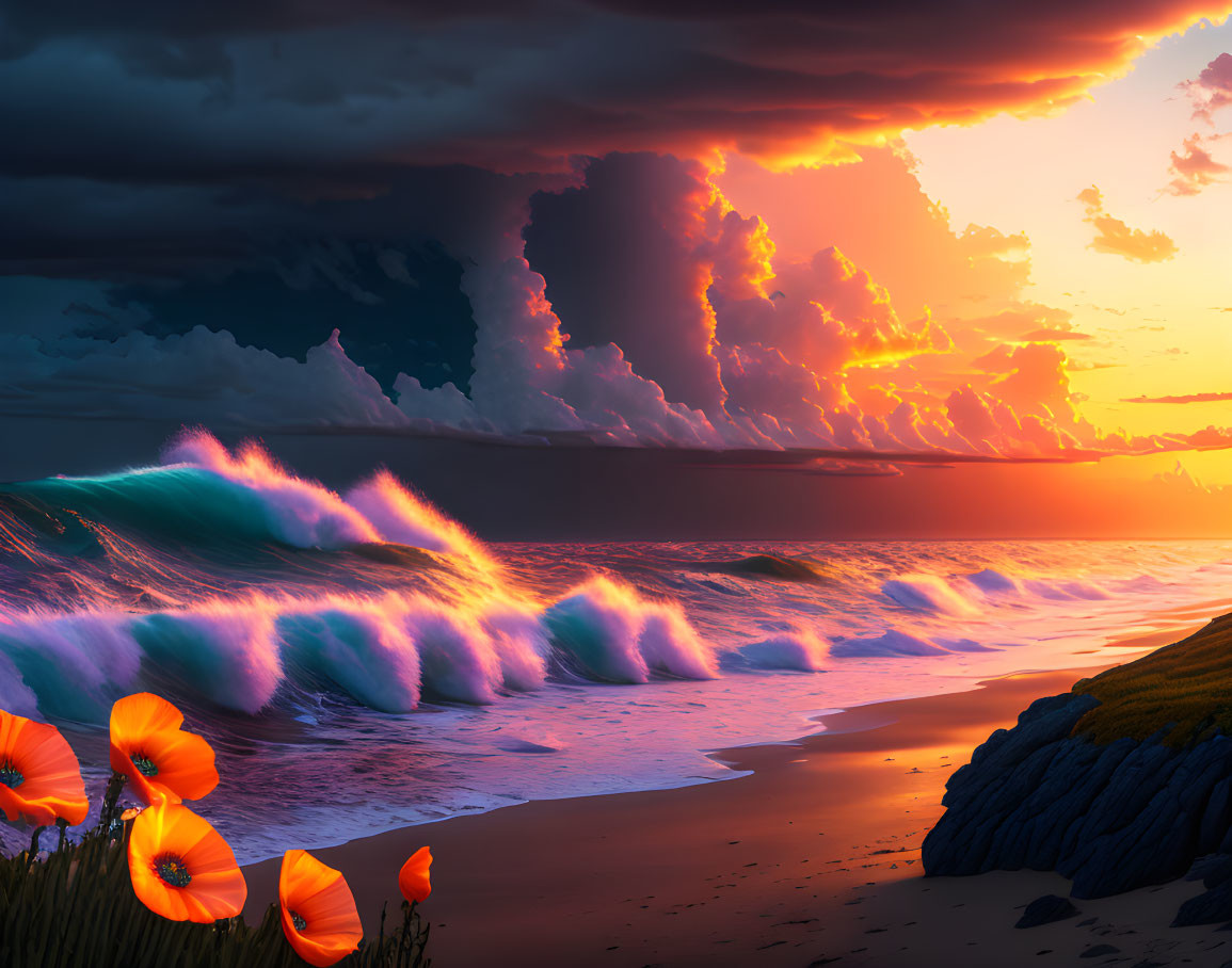 Vivid ocean sunset with radiant clouds, crashing waves, and poppies