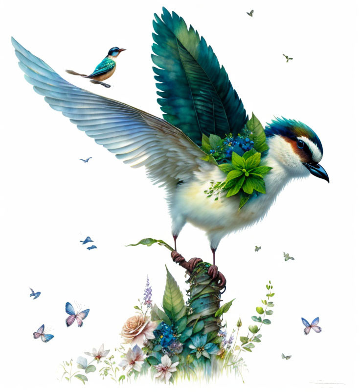 Illustration of large bird with floral wings, smaller bird, and butterflies