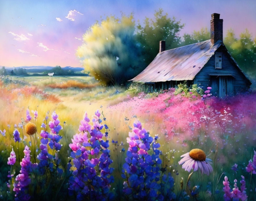 Colorful sunset painting of old cottage in vibrant meadow