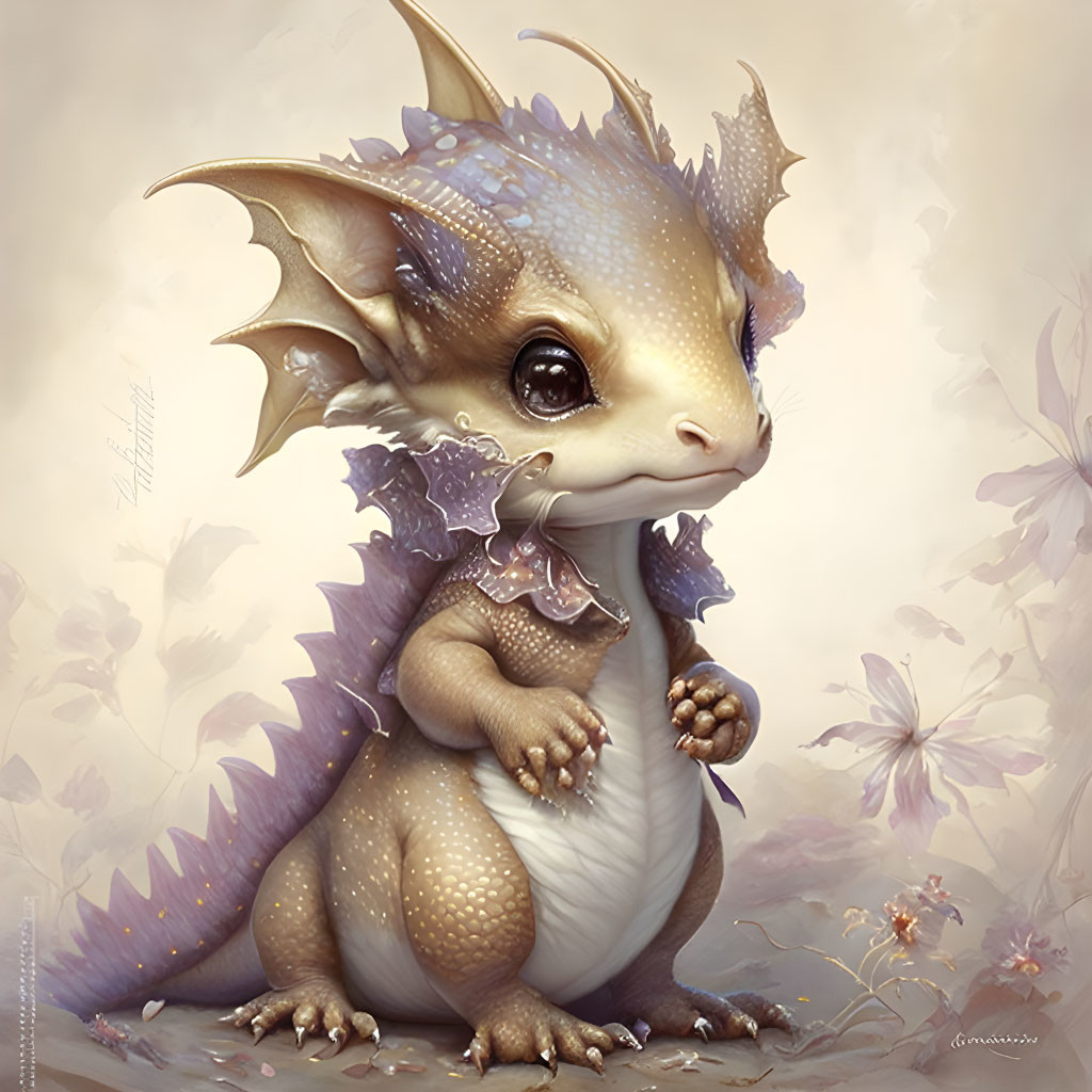 Baby dragon illustration with large eyes, purple spikes, delicate wings in soft beige tones.