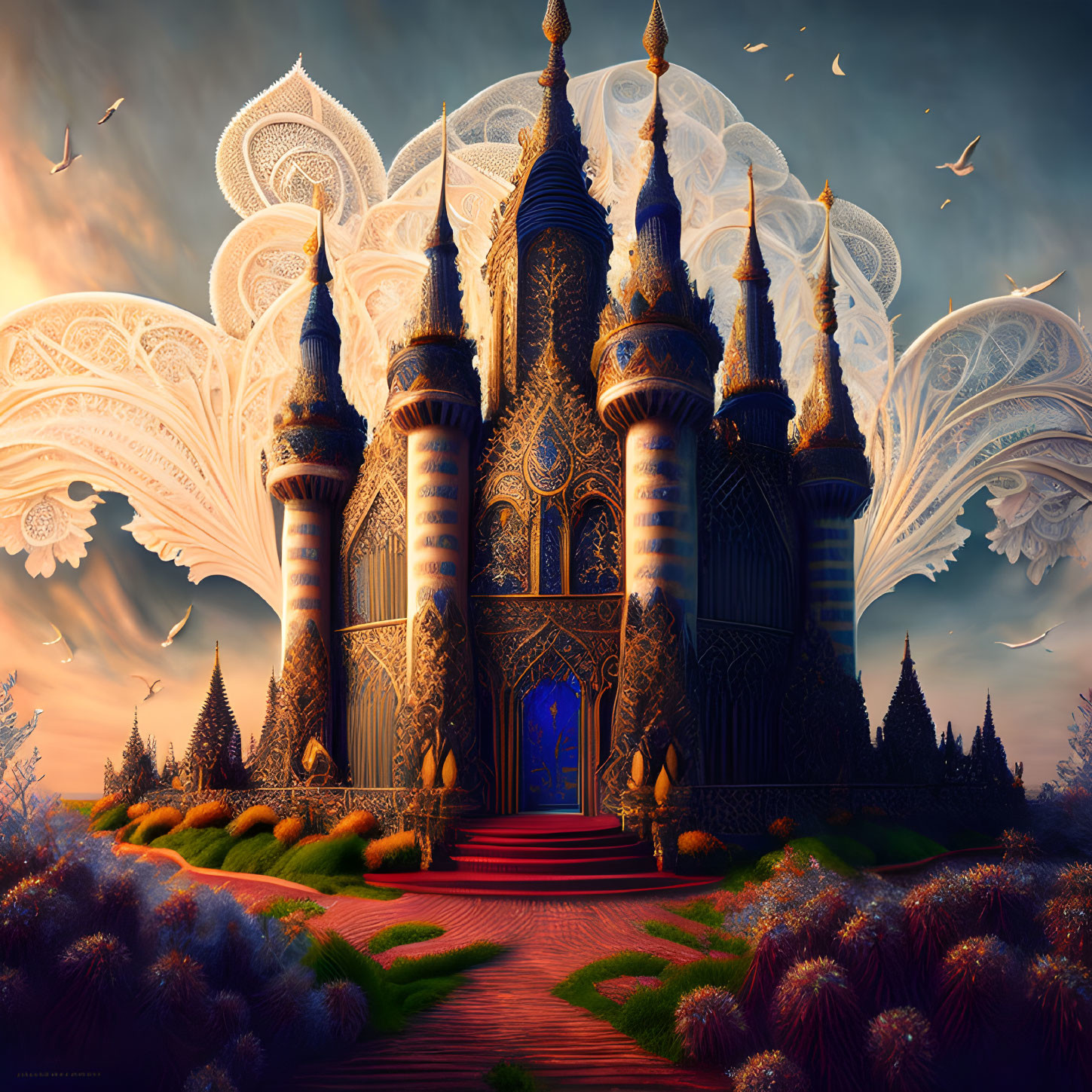 Fantastical palace with dark spires and mystical gardens at sunset