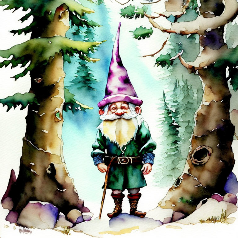 Whimsical watercolor illustration of gnome in forest landscape