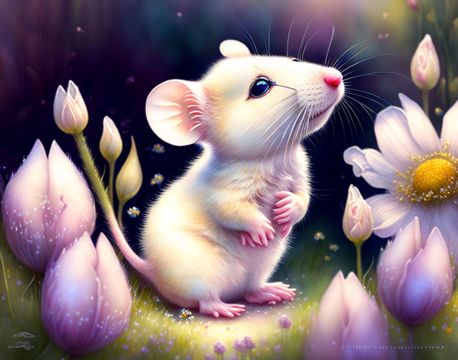 Whimsical white mouse among pink flowers in dreamy illustration