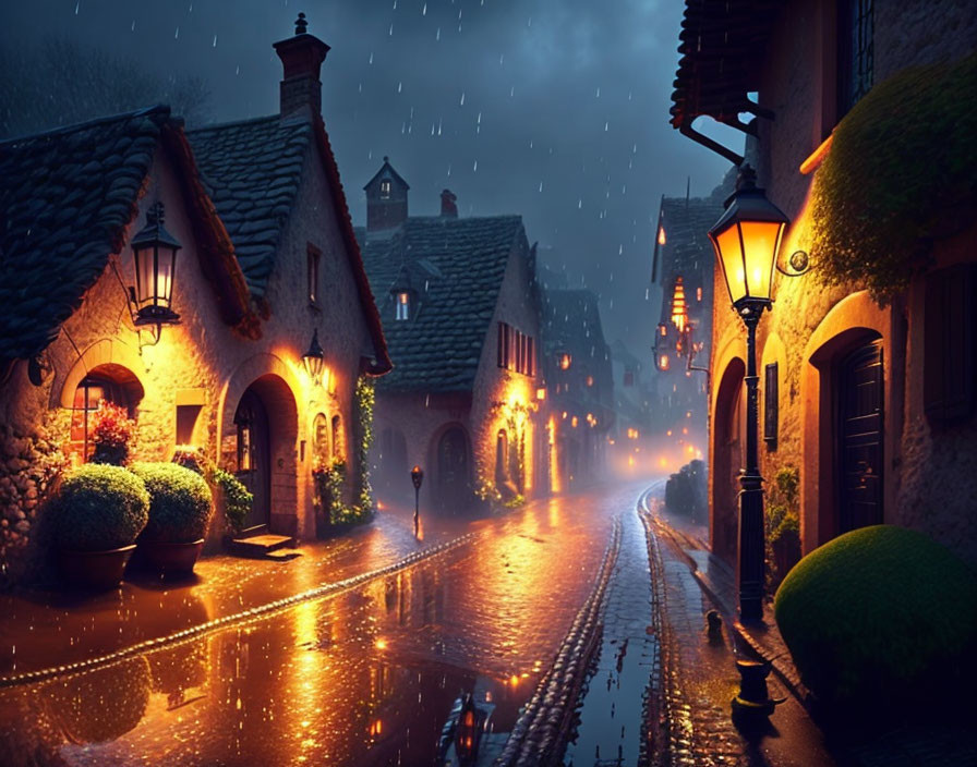 Rain-soaked cobblestone street in old village at night with warm streetlights.