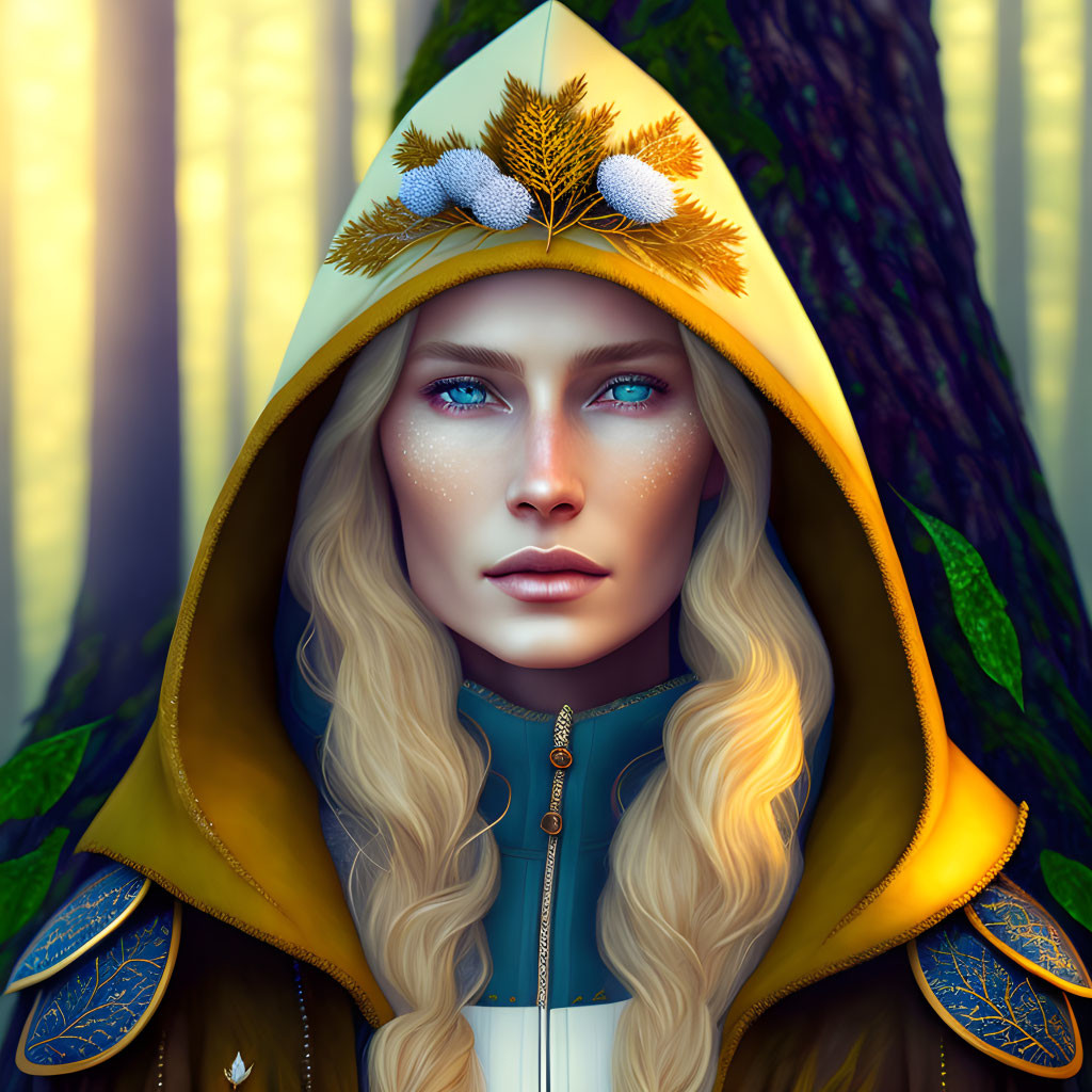 Blonde Woman in Hooded Cloak with Pine Cone Emblem in Forest