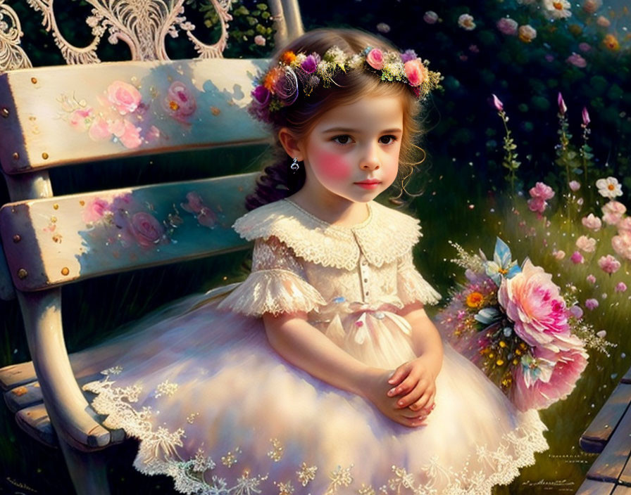 Young girl in fluffy dress on garden bench surrounded by flowers