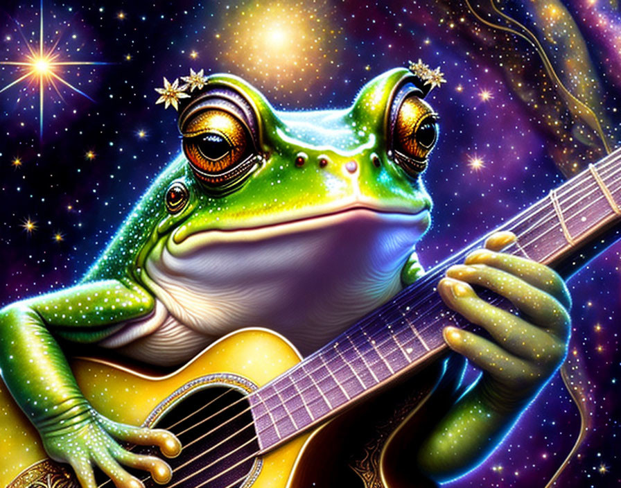 Colorful Frog Playing Guitar in Cosmic Setting