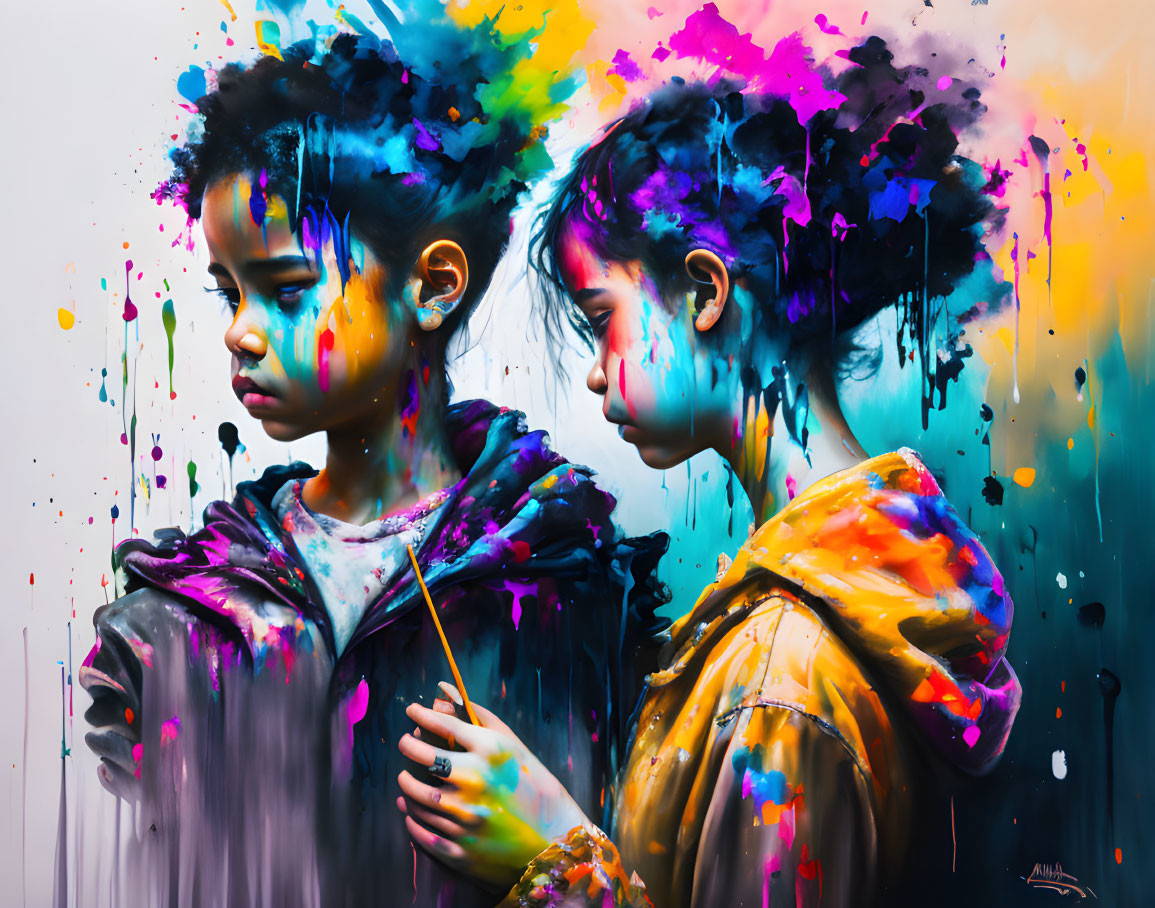 Colorful Paint Splatters Adorn Two Individuals in Vibrant Portrait