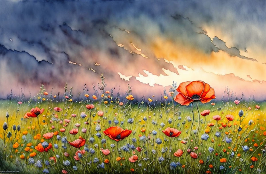 Vivid watercolor painting: Field with red poppies under dramatic sky