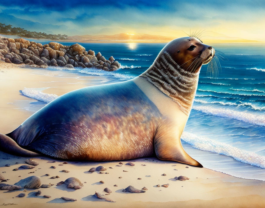 Seal resting on sandy shore with sunset and rocky coastline