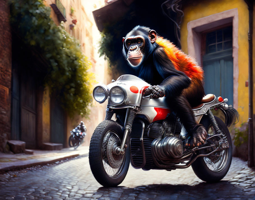 Colorful Chimpanzee on Motorcycle in Sunlit Alleyway