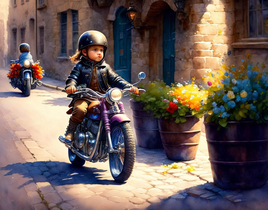 Child in leather jacket rides toy motorcycle on cobblestone street with real motorcycle in background