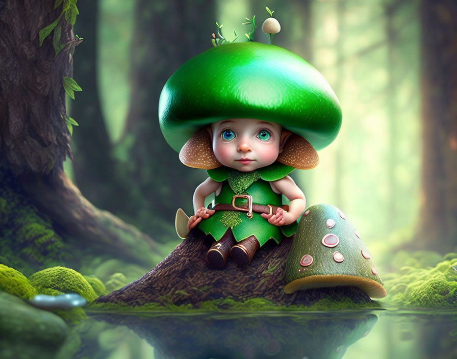 Whimsical illustration of adorable character with large eyes in enchanted forest