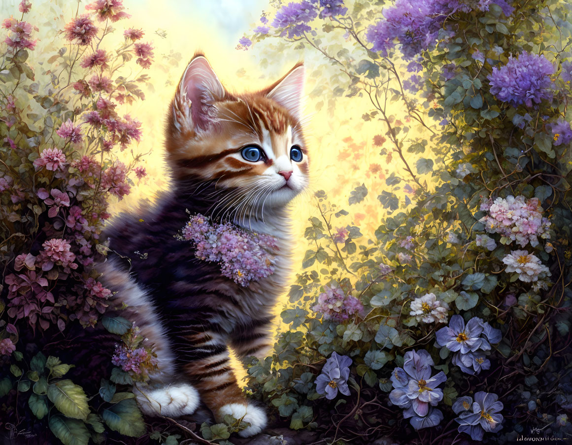 Striped kitten surrounded by colorful flowers and greenery under golden light