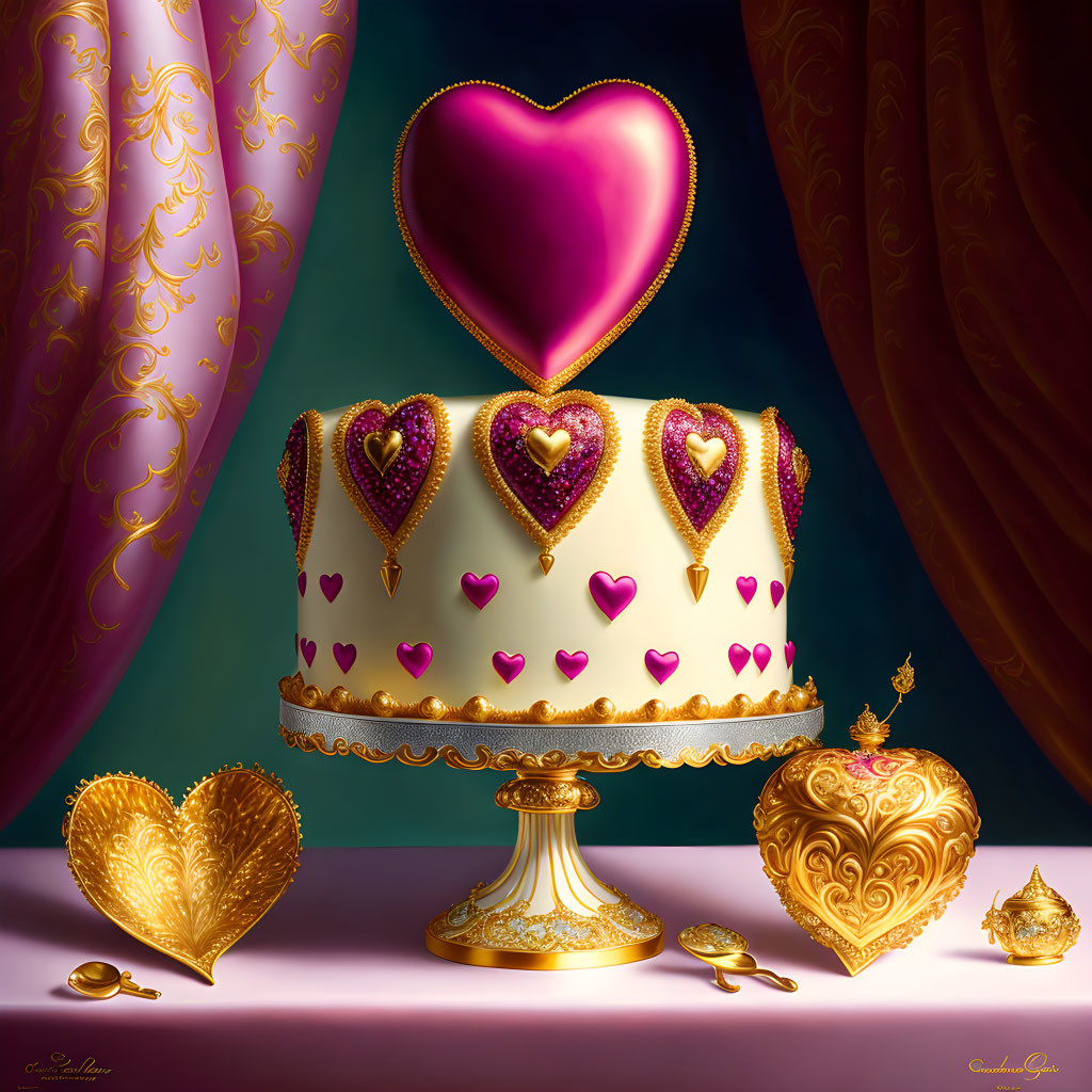 Heart-themed Cake with Golden Trimmings and Heart Topper