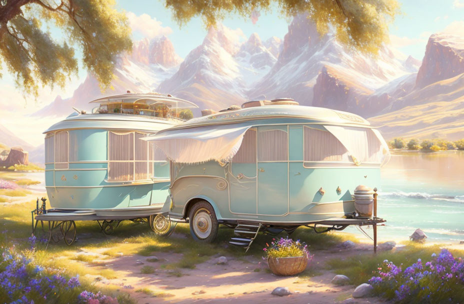 Vintage Caravans by Serene Lake and Mountains Landscape