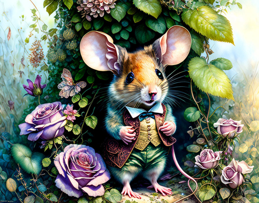 Anthropomorphic Mouse in Waistcoat and Bow Tie Among Roses and Foliage