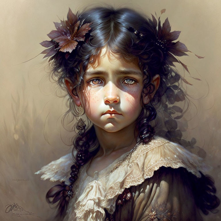 Portrait of young girl with dark curly hair, tearful expression, vintage attire, and floral accessories