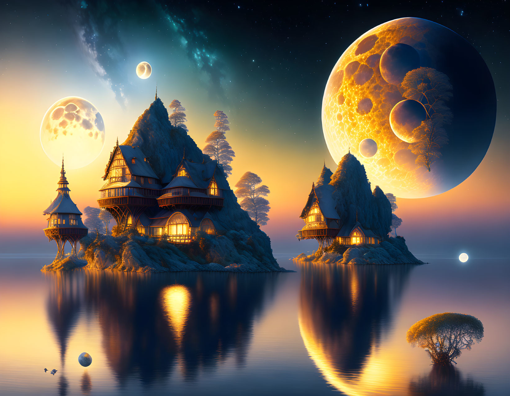 Asian-style Houses on Island with Moons and Stars Reflecting on Water