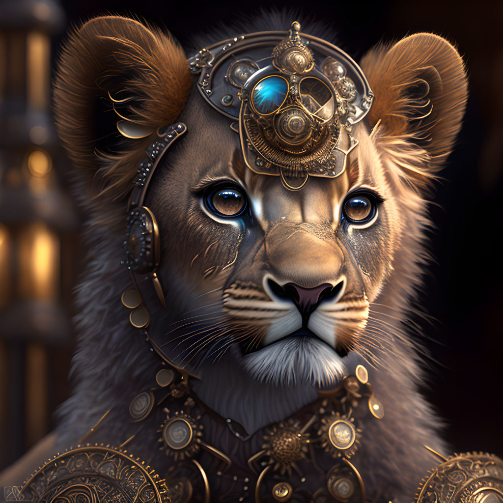 Detailed Steampunk Lion Illustration with Blue Gem and Gears