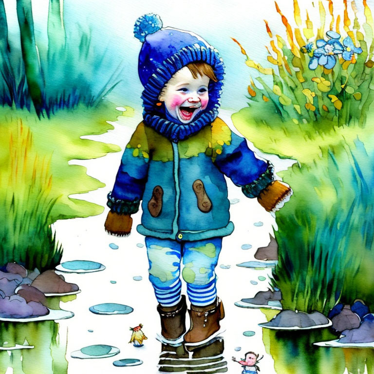 Child in winter attire splashes in puddles among vibrant greenery