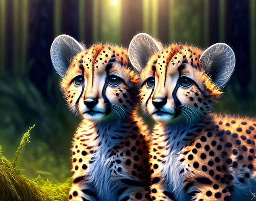 Two Cheetah Cubs with Striking Blue Eyes in Forest Setting