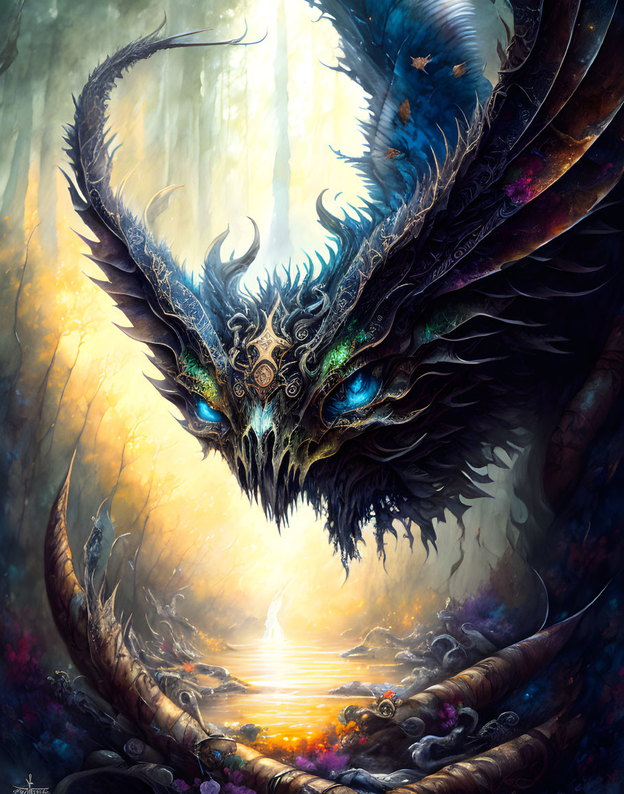 Fantasy dragon with blue eyes and twisting horns in mystical setting