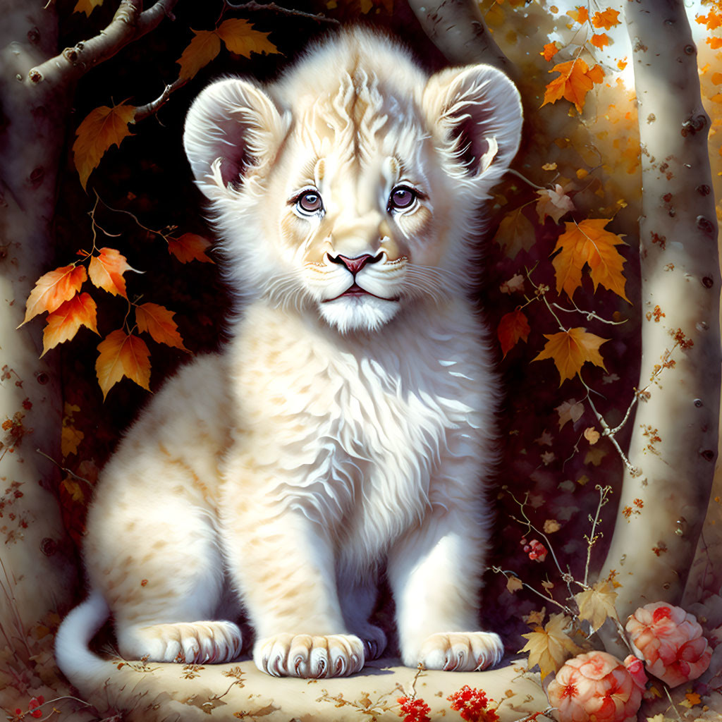 White lion cub in autumn foliage with soft fur and innocent gaze