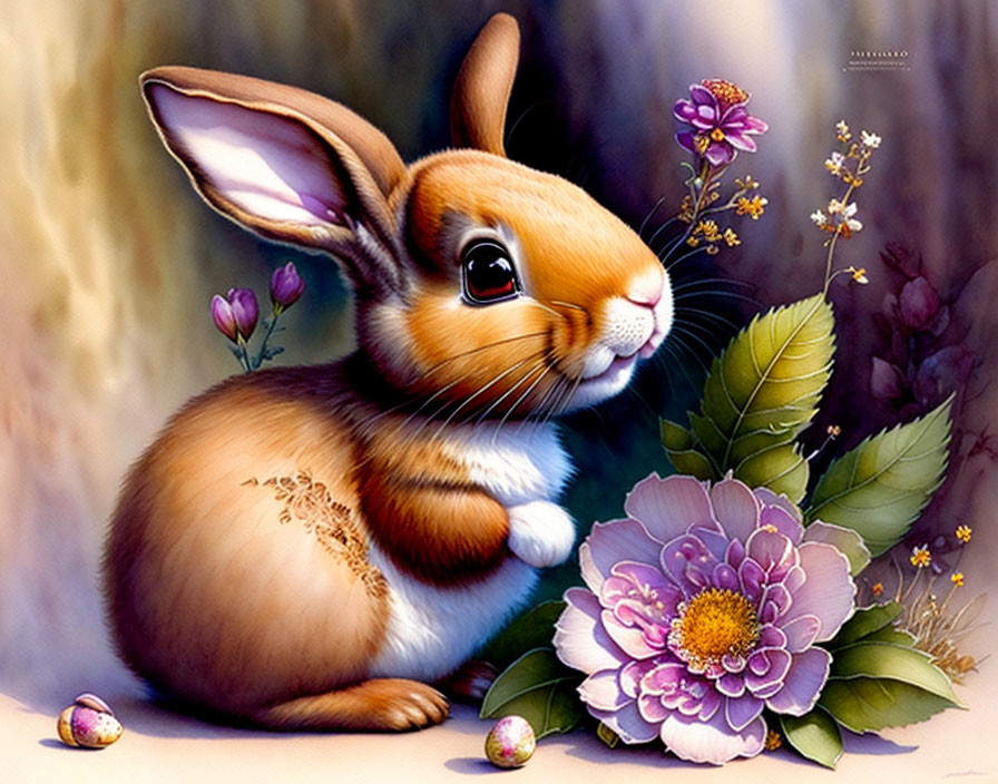 Colorful Illustration: Cute Bunny, Purple Flower, Easter Eggs