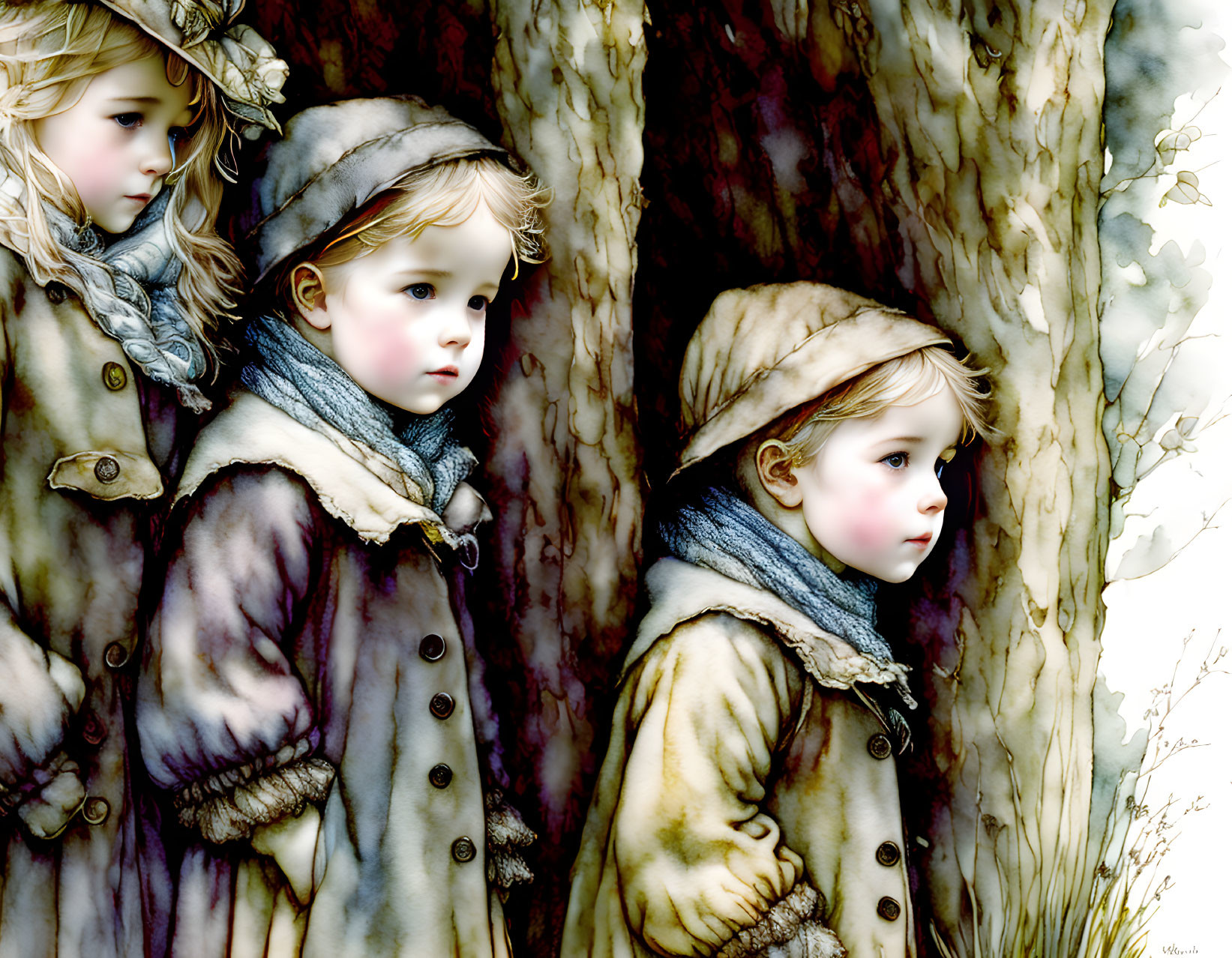 Vintage Attired Children Standing by Tree with Dreamlike Quality