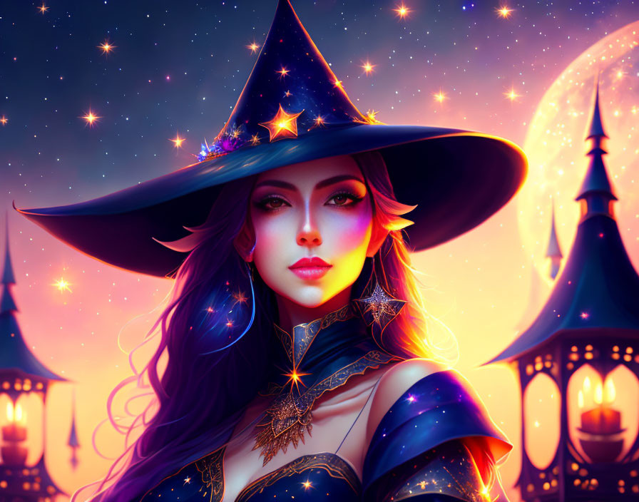 Enchanting witch with starry hat in magical night scene