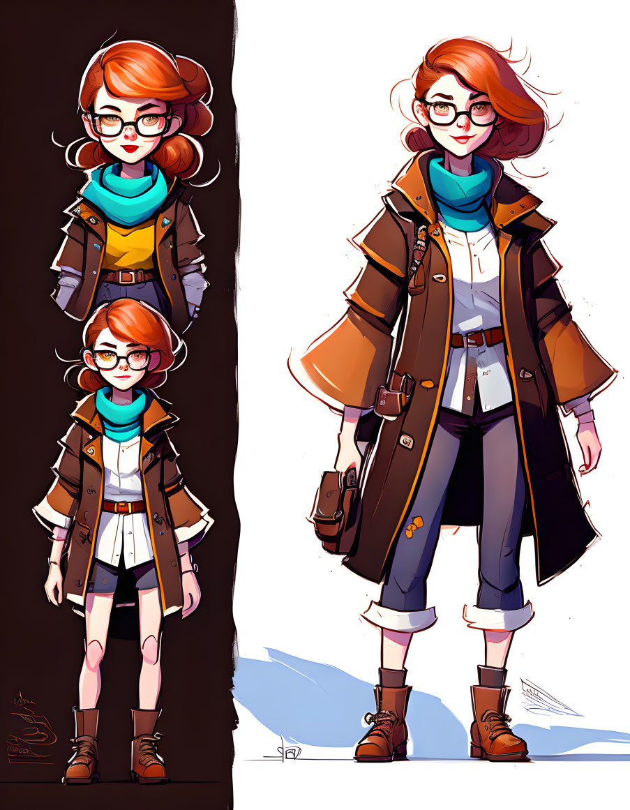 Stylish character with glasses in scarf, trench coat, and boots in two poses